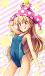  1girl arm_behind_head arm_up bangs bare_arms blonde_hair blue_swimsuit blush breasts chima_q closed_mouth clownpiece collarbone commentary competition_swimsuit covered_navel cowboy_shot diagonal_stripes eyebrows_visible_through_hair eyes_visible_through_hair fairy fairy_wings hair_between_eyes hat highres jester_cap long_hair looking_at_viewer one-piece_swimsuit outline pink_headwear polka_dot polka_dot_headwear red_eyes small_breasts smile solo starry_background striped striped_background sweatdrop swimsuit touhou very_long_hair white_outline wings 