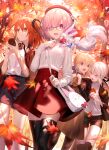  4girls absurdres ahoge alternate_costume artoria_pendragon_(fate) autumn_leaves bangs beret blonde_hair braid breasts camera closed_mouth fate/grand_order fate/stay_night fate_(series) food fou_(fate) french_braid fujimaru_ritsuka_(female) glasses green_eyes hair_ornament hair_over_one_eye hair_scrunchie hat highres large_breasts light_purple_hair looking_at_viewer mash_kyrielight mashima_saki_(mashimasa) medium_breasts multiple_girls official_alternate_costume one_side_up open_mouth orange_eyes orange_hair purple_eyes revision saber saber_alter saber_alter_(ver._shinjuku_1999)_(fate) scrunchie short_hair smile tree yellow_eyes 