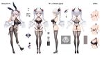  1girl absurdres animal_ears arms_at_sides bandages barcode barcode_tattoo blue_eyes bodystocking bow bowtie breasts character_sheet chinese_commentary color_guide covered_navel cross_pasties drill_hair elbow_gloves gloves halterneck hand_up high_heels highleg highleg_leotard highres id_card k.t.cube large_breasts leotard multiple_views o-ring original pasties qr_code rabbit_ears see-through shoes skindentation tattoo thigh_strap thighhighs turnaround twin_drills v white_gloves white_hair 