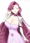  1girl breasts choker cleavage cleavage_cutout clothing_cutout code_geass commentary_request dress euphemia_li_britannia flower hair_bun hand_in_own_hair highres large_breasts long_hair looking_at_viewer mattari_yufi one_eye_closed parted_lips pink_hair purple_eyes rose solo twitter_username upper_body 