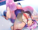  2girls all_fours animal_ears ass blush breasts from_behind large_breasts long_hair looking_at_viewer multiple_girls niwatori_(eck16614) one_eye_closed patchouli_knowledge purple_hair rabbit_ears red_eyes reisen_udongein_inaba see-through shirt sweat thighs touhou 