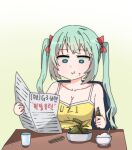  1girl bowl breasts camisole chair character_name chopsticks cleavage clothes_writing crab cup drinking_glass eating eyebrows_visible_through_hair food food_on_face girls&#039;_frontline gradient gradient_background green_background green_eyes green_hair hair_ribbon holding holding_food holding_newspaper korean_text large_breasts long_hair micro_uzi_(girls&#039;_frontline) newspaper official_alternate_costume reading red_ribbon ribbon rice rice_bowl sidarim simple_background sitting solo table translation_request twintails white_background yellow_camisole 