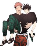  2boys :d absurdres bangs belt black_hair black_shirt blush brown_eyes carrying closed_mouth facial_mark full_body fushiguro_megumi green_eyes green_pants hair_between_eyes highres holding holding_water_gun itadori_yuuji jujutsu_kaisen multiple_boys pants pink_hair princess_carry print_pants red_pants sandals shirt short_hair short_sleeves simple_background smile somwang_07 spiked_hair symbol-only_commentary undercut water_gun wet white_background 