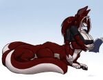  3_breasts 6_legs anthro breasts canid canine canis cleavage clothed clothing female furball_(artist) herm_(lore) hybrid mammal mephitid multi_arm multi_breast multi_limb multi_tail reading skunk solo strredwolf taur wolf 