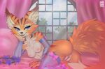  2022 anthro anus armwear bed bedroom big_butt black_pawpads blizzard_entertainment blue_clothing blue_eyes breasts butt canid canine clothing curtains digital_media_(artwork) elbow_gloves female fennec flower flower_crown fluffy fluffy_tail fox fur furniture genitals gloves handwear humanoid_pointy_ears inner_ear_fluff inside legwear light lighting lingerie looking_at_viewer lying lying_on_bed mammal neck_tuft nipples nude on_bed on_side pawpads petals pink_background pink_nipples plant plump_labia presenting presenting_hindquarters pussy raised_tail ribbons rin_tyan shaded simple_background smile solo stripes teasing thick_thighs thigh_gap thigh_highs tuft video_games vulpera warcraft white_body white_fur window yellow_body yellow_fur 