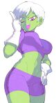  1girl cheelai colored_skin cowboy_shot dragon_ball dragon_ball_super dragon_ball_super_broly gloves green_skin hand_on_hip hand_up highres inkerton-kun midriff one_eye_closed open_mouth purple_eyes short_hair shorts skin_tight solo standing stomach very_short_hair white_background white_gloves white_hair 