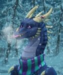 blue_body blue_scales dragon female feral forest hi_res horn_jewelry horn_ring marina_vermillion outside plant purple_eyes ring_(jewelry) scales scarf snow snowing solo stripes tongue tongue_out tree wings zana_(scalybluezana) 