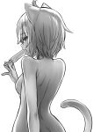  1girl ahoge animal_ears ass breasts cat_ears cat_tail completely_nude food from_behind highres hololive looking_at_viewer looking_back medium_breasts medium_hair nekomata_okayu nude popsicle sabaku_chitai sideways_glance simple_background smile tail tail_raised white_background 