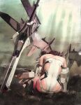  1girl absurdres airport96 alice_gear_aegis back commentary_request dirt highres mecha_musume pink_hair planted planted_sword sitting solo sword weapon yotsuya_yumi 