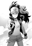  1girl baseball_cap buttons clenched_hand closed_mouth collarbone commentary_request cowboy_shot greyscale hat hilda_(pokemon) holding holding_poke_ball long_hair looking_at_viewer monochrome open_clothes open_vest outstretched_arm poke_ball poke_ball_(basic) poke_ball_print pokemon pokemon_(game) pokemon_bw serious shiny shiny_hair shirt short_shorts shorts sidelocks sleeveless sleeveless_shirt smoke solo translation_request vest wristband y_(036_yng) 