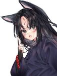  1girl 414_(hncx3355) :o animal_ears arknights bangs bead_bracelet beads black_gloves black_hair black_kimono blush bracelet brown_eyes commentary_request dog_ears facial_mark fang fingerless_gloves forehead_mark gloves highres japanese_clothes jewelry kimono korean_commentary long_hair looking_at_viewer open_mouth parted_bangs saga_(arknights) simple_background skin_fang solo upper_body white_background 