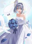  1girl alternate_costume back_bow bangs bare_shoulders black_bow black_bowtie blue_eyes blue_flower blue_sky bouquet bow bowtie breasts cloud cloudy_sky collarbone commentary_request dress duplicate elbow_gloves eyebrows_visible_through_hair eyelashes eyes_visible_through_hair falken_(yutozin) flower ghost gloves grey_gloves grey_hair grey_hairband grey_ribbon hairband hands_up highres hitodama konpaku_youmu konpaku_youmu_(ghost) looking_to_the_side medium_breasts open_mouth petals pixel-perfect_duplicate ribbon short_hair sky sleeveless sleeveless_dress smile solo standing touhou wedding_dress white_bow white_dress 