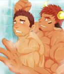  2boys animal_ears bara blush brown_eyes brown_hair completely_nude cow_boy cow_ears cow_horns dark-skinned_male dark_skin facial_hair fiery_horns forked_eyebrows glowing_horns goatee gunzo_(housamo) highres horns implied_anal implied_sex large_pectorals male_focus mature_male multiple_boys muscular muscular_male nude pectorals raineru_(gryffindor131) shared_bathing short_hair shower_(place) showering sideburns smirk spiked_hair stubble thick_eyebrows third-party_source tokyo_afterschool_summoners upper_body wakan_tanka 