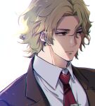  1boy artist_name ataka_takeru blonde_hair collared_shirt formal male_focus miyasumi_tatsuru necktie red_necktie red_neckwear ryman&#039;s_club shirt short_hair simple_background solo suit tie_clip upper_body white_background white_shirt 