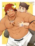  2boys absurdres american_football_uniform animal_ears bandaid bandaid_on_face bandaid_on_nose bara blush brown_eyes brown_hair bulge cat_ears commission cow_boy cow_ears english_commentary eye_black facial_hair fiery_horns forked_eyebrows glowing_horns goatee grabbing groping hair_ears happy_sex highres horns kontahsm large_pectorals male_focus master_1_(housamo) multiple_boys muscular muscular_male nipples pectoral_grab pectorals plump second-party_source short_hair shorts sideburns size_difference skeb_commission spiked_hair sportswear stomach stubble thick_eyebrows tokyo_afterschool_summoners topless_male wakan_tanka white_shorts yaoi 