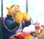  2022 anthro belly big_belly bodily_fluids burger crying eating eyes_closed food fries humanoid_hands kemono male mammal n_gata21 overweight overweight_male sitting solo suid suina sus_(pig) tears wild_boar 