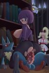  2girls bestiality blonde_hair book bookshelf breasts chandelure furry furry_male highres jona_kazuo korrina_(pokemon) large_breasts lucario multiple_girls pokemon pokemon_(creature) pokephilia purple_eyes purple_hair red_eyes shauntal_(pokemon) vaginal 