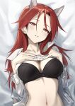  1girl absurdres animal_ears black_bra blush bra breasts cleavage clothes_lift collarbone dog_ears dog_tail fankupl highres large_breasts lifted_by_self long_hair looking_at_viewer minna-dietlinde_wilcke red_eyes red_hair shiny shiny_hair shirt_lift solo strike_witches tail underwear upper_body world_witches_series 