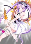  1girl absurdres armlet arrow_(projectile) bare_shoulders black_bow blush bow bow_(weapon) dress euryale_(fate) euryale_(third_ascension)_(fate) fate/grand_order fate/hollow_ataraxia fate_(series) flower gold_bracelet grey_background hairband highres holding holding_arrow holding_bow_(weapon) holding_weapon long_hair looking_at_viewer parted_lips purple_eyes purple_hair rose sabaku_chitai sandals smile solo twintails very_long_hair weapon white_dress white_flower white_footwear white_rose 