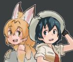  1girl alternate_costume animal_ears bare_shoulders beige_jacket black_gloves black_hair blue_eyes cat_ears cat_girl commentary_request elbow_gloves extra_ears eyebrows_visible_through_hair fellatio gloves hand_on_headwear helmet kaban_(kemono_friends) kemono_friends oral pith_helmet red_shirt serval_(kemono_friends) shirt short_hair short_sleeves sleeveless solo toriny yellow_eyes 