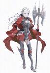  1girl alternate_costume alternate_hairstyle armor axe breastplate breasts cape closed_mouth edelgard_von_hresvelg fire_emblem fire_emblem:_three_houses fire_emblem_warriors:_three_hopes full_body gloves hair_ornament hair_ribbon long_hair long_sleeves looking_at_viewer mueririko official_alternate_costume official_alternate_hairstyle purple_eyes red_cape ribbon simple_background skirt solo uniform white_hair 