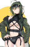  :d arknights ass_visible_through_thighs bikini black_bikini black_headwear breasts cowboy_shot crocodilian_tail gavial_(arknights) green_hair green_jacket grin hands_on_hips highres jacket kamatpit long_hair long_sleeves looking_at_viewer medium_breasts navel off_shoulder official_alternate_costume open_clothes open_jacket parted_lips pointy_ears single_bare_shoulder smile swimsuit two-tone_background underboob visor_cap white_background yellow_background yellow_eyes 