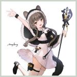 1girl :d animal_ear_fluff animal_ears arknights arm_up bangs belt black_capelet black_footwear blunt_bangs bracelet brown_eyes brown_hair capelet character_name dress ears_through_headwear eyebrows_visible_through_hair fang fur-trimmed_capelet fur_trim highres holding holding_staff honeyberry_(arknights) hood hooded_capelet ichita_(yixisama-shihaohaizhi) jewelry leg_up long_hair looking_at_viewer low_twintails pouch shoes simple_background skin_fang skindentation smile solo staff standing standing_on_one_leg thigh_strap thighhighs twintails very_long_hair white_background white_dress white_legwear zettai_ryouiki 