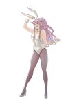  1girl absurdres alternate_costume bow bowtie braid breasts cleavage detached_collar fire_emblem fire_emblem_awakening high_heels highres large_breasts leotard long_hair olivia_(fire_emblem) pantyhose playboy_bunny pomelomelon ponytail smile solo twin_braids white_background 