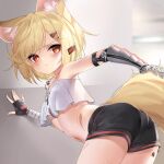  1girl animal_ear_fluff animal_ears arknights armpits ass bandaged_arm bandages bare_shoulders bent_over black_gloves black_shorts blonde_hair blush closed_mouth collarbone crop_top ehart eyebrows_visible_through_hair fingerless_gloves fox_ears fox_girl fox_tail from_behind gloves hair_ornament hairclip highres jewelry looking_at_viewer looking_back navel necklace notched_ear oripathy_lesion_(arknights) prosthesis prosthetic_arm red_eyes scar short_hair short_shorts shorts single_glove solo sweatdrop tail v-shaped_eyebrows vermeil_(arknights) 