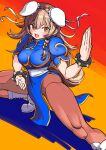 1girl :3 :d animal_ears blue_dress blush boots bracelet breasts brown_eyes brown_hair brown_legwear china_dress chinese_clothes chun-li chun-li_(cosplay) come_hither cosplay dog_ears dog_tail dress ear_covers fang fighting_stance highres hololive inugami_korone jewelry large_breasts long_hair looking_at_viewer open_mouth orange_background pantyhose pelvic_curtain puffy_short_sleeves puffy_sleeves sabaku_chitai short_sleeves smile solo spiked_bracelet spikes squatting street_fighter tail white_boors 