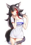  1girl animal_ears black_hair getting_over_it hands_up highres hololive long_hair looking_at_viewer low-tied_long_hair merchandise multicolored_hair naked_shirt one_eye_closed ookami_mio sabaku_chitai shirt solo streaked_hair tail very_long_hair wolf_ears yawning yellow_eyes 