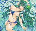  1girl bikini blush breasts cleavage covered_nipples from_side green_eyes green_hair hair_ornament kochiya_sanae large_breasts long_hair looking_at_viewer open_mouth sideboob solo swimsuit touhou twobee very_long_hair 
