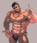  1boy abs bara beard black_male_swimwear bulge cowboy_shot dark-skinned_male dark_skin facial_hair index_finger_raised large_pectorals leg_hair looking_at_viewer male_focus male_swimwear mature_male muscular muscular_male navel navel_hair nipples overwatch pectorals reaper_(overwatch) rybiok short_hair solo stomach swim_briefs thick_eyebrows thick_thighs thighs topless_male 