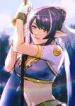  1girl blue_hair breasts closed_mouth gloves judith_(tales) long_hair looking_at_viewer midriff noie_(neunteedelstein) pointy_ears smile solo tales_of_(series) tales_of_vesperia 