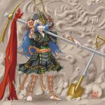  1girl adapted_costume aoiueo12 arm_ribbon arm_strap armor barefoot barefoot_sandals blue_eyes blue_hair bow breasts cave centipede_print commentary_request green_shirt green_skirt grin helmet highres himemushi_momoyo holding holding_pickaxe japanese_armor jewelry kabuto_(helmet) leg_ribbon leg_strap long_hair looking_at_viewer medium_breasts messy_hair orange_bow orange_ribbon orange_sash oversized_object pickaxe red_ribbon ribbon ring rope shirt short_sleeves shovel skirt skirt_set smile standing toes touhou very_long_hair wide_sleeves 