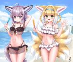 2girls absurdres ahoge animal_ear_fluff animal_ears arknights arm_behind_head arm_up armpits ass_visible_through_thighs beach bikini black_bikini blue_eyes blush braid breasts cleavage cloud food fox_ears fox_girl fox_tail gem green_eyes hair_ornament hair_rings hairband hairclip highres jewelry low_twintails multiple_girls multiple_tails navel necklace ocean open_mouth outdoors popsicle rylaera sarong see-through short_hair side-tie_bikini sky small_breasts smile sussurro_(arknights) suzuran_(arknights) swimsuit tail thigh_gap thighs twin_braids twintails waving white_bikini 