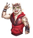  2022 5_fingers anthro clothing deity felid feline fingers green_eyes hi_res hoodie leopard_cat male mammal nekojishi open_mouth prionailurus raytig12 red_clothing red_hoodie red_topwear shu-chi simple_background solo studio_klondike topwear video_games visual_novel white_background 