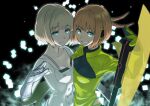  2girls belly-to-belly blonde_hair blue_eyes bob_cut bodysuit breast_press empty_eyes gloves green_gloves grin headphones holding konami_kirie looking_at_viewer multiple_girls nagashii_kouhei nasu_rei short_hair smile symmetrical_docking white_gloves world_trigger 