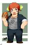  1boy american_football_(object) animal_ears ball bara brown_eyes brown_hair bulge casual chibi cow_boy cow_ears cow_horns facial_hair fiery_horns forked_eyebrows glowing_horns goatee highres holding holding_ball horns male_focus muscular muscular_male official_alternate_costume osu(statatatatatata) pectorals solo thick_eyebrows tokyo_afterschool_summoners wakan_tanka 