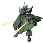  beam_saber dual_wielding gelgoog glowing glowing_eye gundam highres holding holding_sword holding_weapon horns mecha mobile_suit_gundam nagano_mamoru_(style) no_humans one-eyed parody pink_eyes science_fiction single_horn solo standing style_parody sword takekawa_shin weapon white_background zeon 