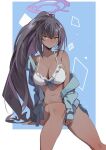  1girl bikini black_hair blue_archive blue_background border dark_skin feet_out_of_frame gradient_hair highres karin_(blue_archive) multicolored_hair off-shoulder_sweater off_shoulder open_clothes open_skirt purple_hair seinen skirt solo sweater swimsuit white_bikini white_border yellow_eyes 