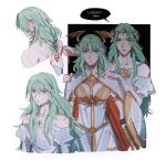  1girl alternate_costume alternate_hair_color alternate_hair_length alternate_hairstyle bangs braid braided_ponytail breasts byleth_(fire_emblem) byleth_(fire_emblem)_(female) cape closed_mouth cosplay costume_switch english_text enlightened_byleth_(female) fire_emblem fire_emblem:_three_houses green_eyes green_hair highres long_hair oratoza rhea_(fire_emblem) scar seiros_(fire_emblem) solo speech_bubble 