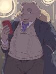  2018 anthro belly big_belly blush bottomwear brown_body cellphone clothing dv-ch hi_res humanoid_hands kemono male mammal overweight overweight_male pants phone shirt smartphone solo sweater topwear ursid 