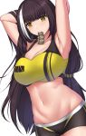  1girl absurdres alternate_costume armpits arms_behind_head bangs black_shorts blush breasts brown_hair cleavage closed_mouth collarbone commission english_commentary eyebrows_visible_through_hair feet_out_of_frame girls&#039;_frontline hair_ornament hairclip highres large_breasts long_hair looking_at_viewer mouth_hold multicolored_hair navel pixiv_request ro635_(girls&#039;_frontline) sheita shorts solo sports_bra standing white_background yellow_eyes yellow_sports_bra 
