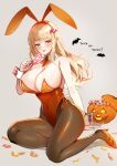  1girl animal_ears bare_shoulders black_leotard blonde_hair blush bow bowtie breasts candy cleavage detached_collar fake_animal_ears fake_tail food halloween halloween_bucket large_breasts leotard lollipop long_hair looking_at_viewer meisuke_mei orange_eyes original pantyhose playboy_bunny rabbit_ears rabbit_tail smile solo strapless strapless_leotard tail trick_or_treat wrist_cuffs 