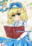  1girl alice_margatroid alice_margatroid_(pc-98) apron bangs blonde_hair blue_bow blue_dress blue_skirt book bow brown_footwear buttons closed_eyes closed_mouth collared_shirt commentary_request doll dress floral_background flower frilled_apron frilled_shirt_collar frills green_eyes hair_bow happy holding holding_book long_hair long_sleeves marker_(medium) medium_hair minigirl shanghai_doll shirt skirt skirt_hold smile suspender_skirt suspenders touhou touhou_(pc-98) traditional_media very_long_hair white_apron white_flower white_shirt younger zenra1112 