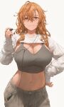  1girl absurdres bangs blush breasts closed_mouth commentary digital_media_player earphones free_style_(yohan1754) highres large_breasts long_hair long_sleeves looking_at_viewer single_earphone_removed smile solo 