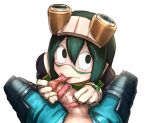  1boy 1girl asui_tsuyu black_eyes blush boku_no_hero_academia censored fellatio gloves goggles goggles_on_head green_hair hair_between_eyes hetero highres long_tongue midoriya_izuku mosaic_censoring oral pants penis pov saliva shibayamamohu simple_background tongue tonguejob white_background white_gloves 