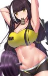  1girl absurdres alternate_costume armpits arms_behind_head bangs black_shorts blush breasts brown_hair cleavage closed_mouth collarbone commission english_commentary eyebrows_visible_through_hair feet_out_of_frame girls&#039;_frontline hair_ornament hairclip highres large_breasts long_hair looking_at_viewer mouth_hold multicolored_hair navel pixiv_request ro635_(girls&#039;_frontline) sheita shorts simple_background solo sports_bra standing yellow_eyes yellow_sports_bra 
