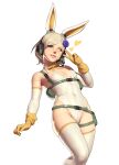  1girl absurdres animal_ears brown_eyes covered_navel detached_collar elbow_gloves fake_animal_ears flower gloves hair_flower hair_ornament headset heart highres john_doe leotard looking_at_viewer metal_gear_(series) metal_gear_solid one_eye_closed platinum_blonde_hair playboy_bunny rabbit_ears short_hair solo strapless strapless_leotard sunny_gurlukovich thighhighs v white_background white_legwear white_leotard 